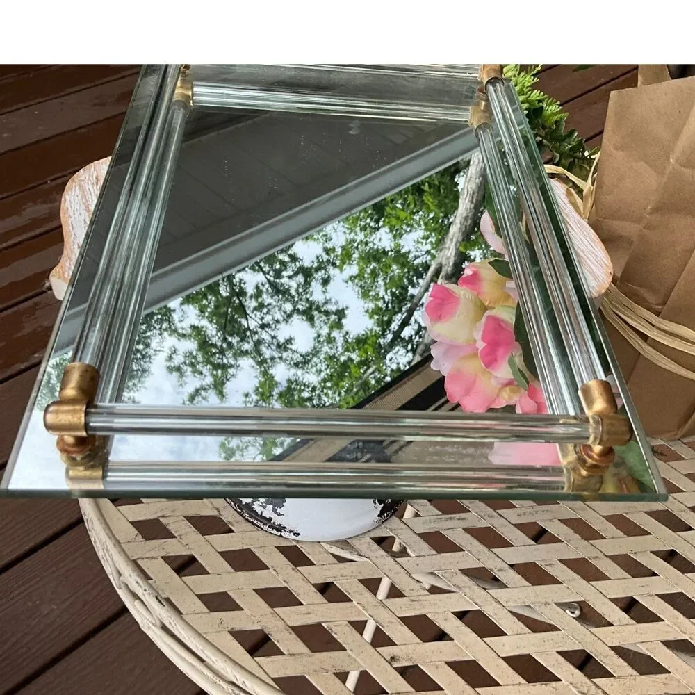 Vintage vanity mirror tray with clear glass tubes Hollywood Regency MCM